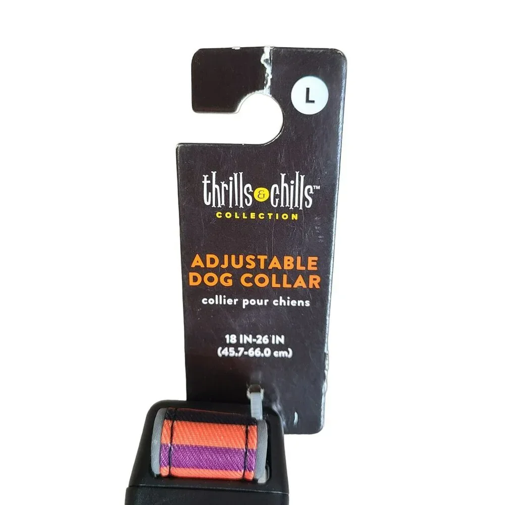 Thrills & Chills Glow In The Dark Halloween Black & Orange Dog Collar Sz LG